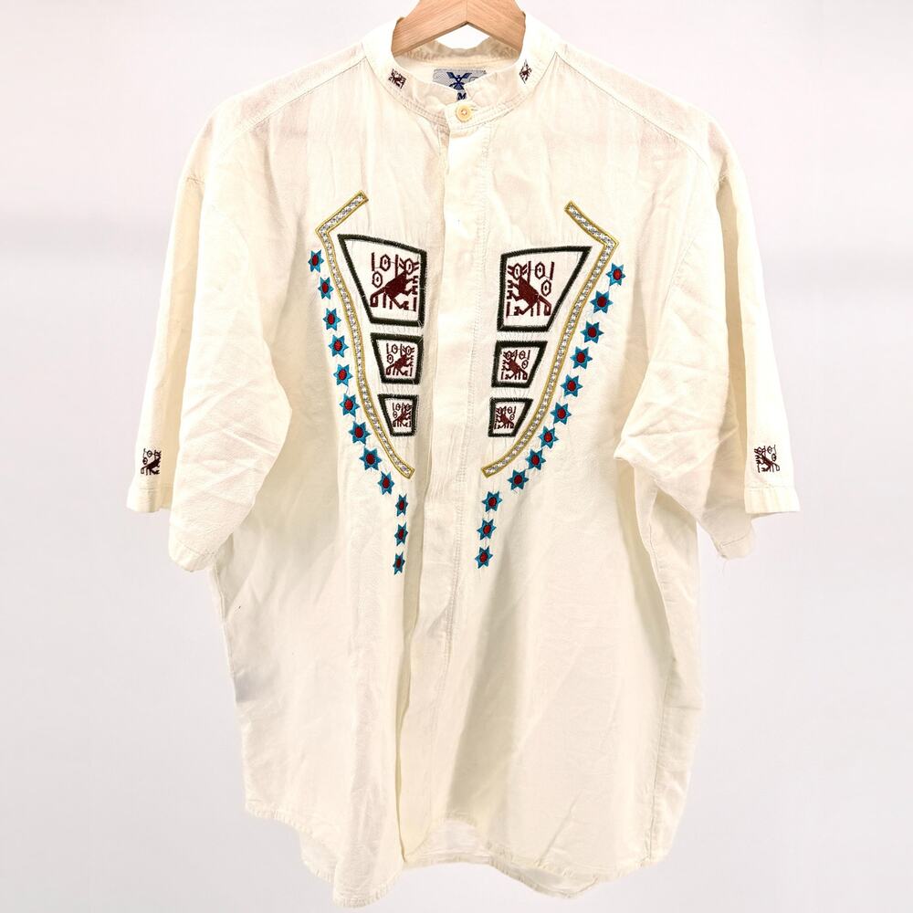 Vintage 80s Ayme Off White 100% Cotton Embroidered Short Sleeve Shirt